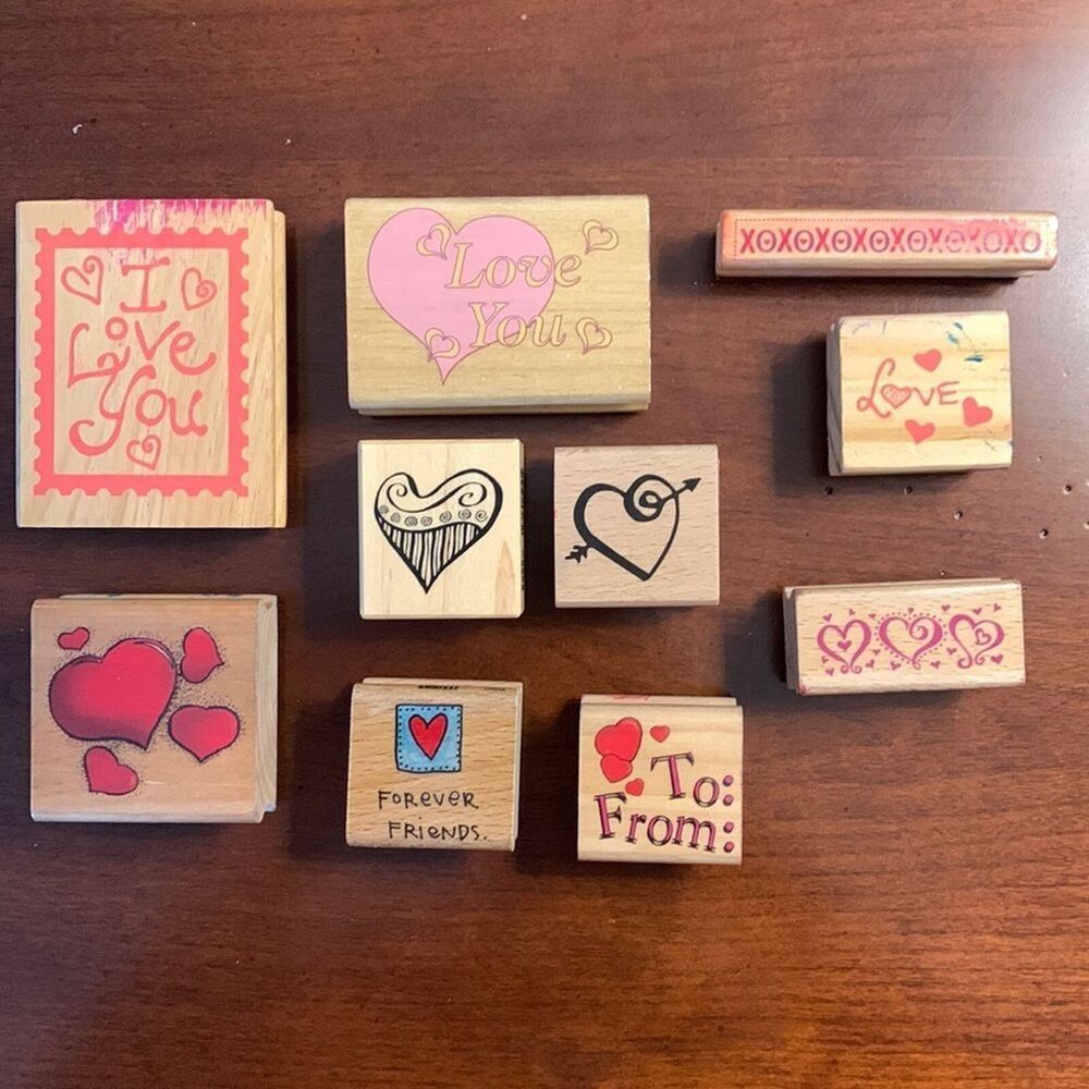 WOOD MOUNTED RUBBER STAMP HEART LOVE COLLECTION 10 TOTAL STAMPS